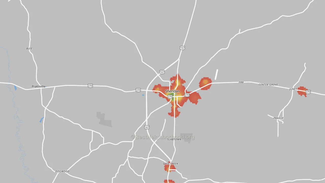 Walk Grade map of Grant County, AR, walkable areas in green and car-dependent areas in red