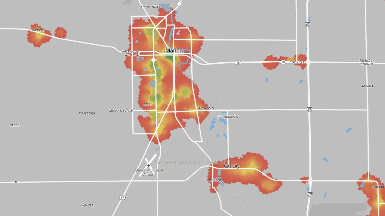 Walk Grade map of Grant County, IN, walkable areas in green and car-dependent areas in red