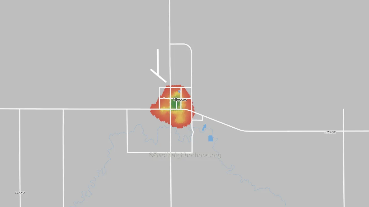 Walk Grade map of Grant County, KS, walkable areas in green and car-dependent areas in red