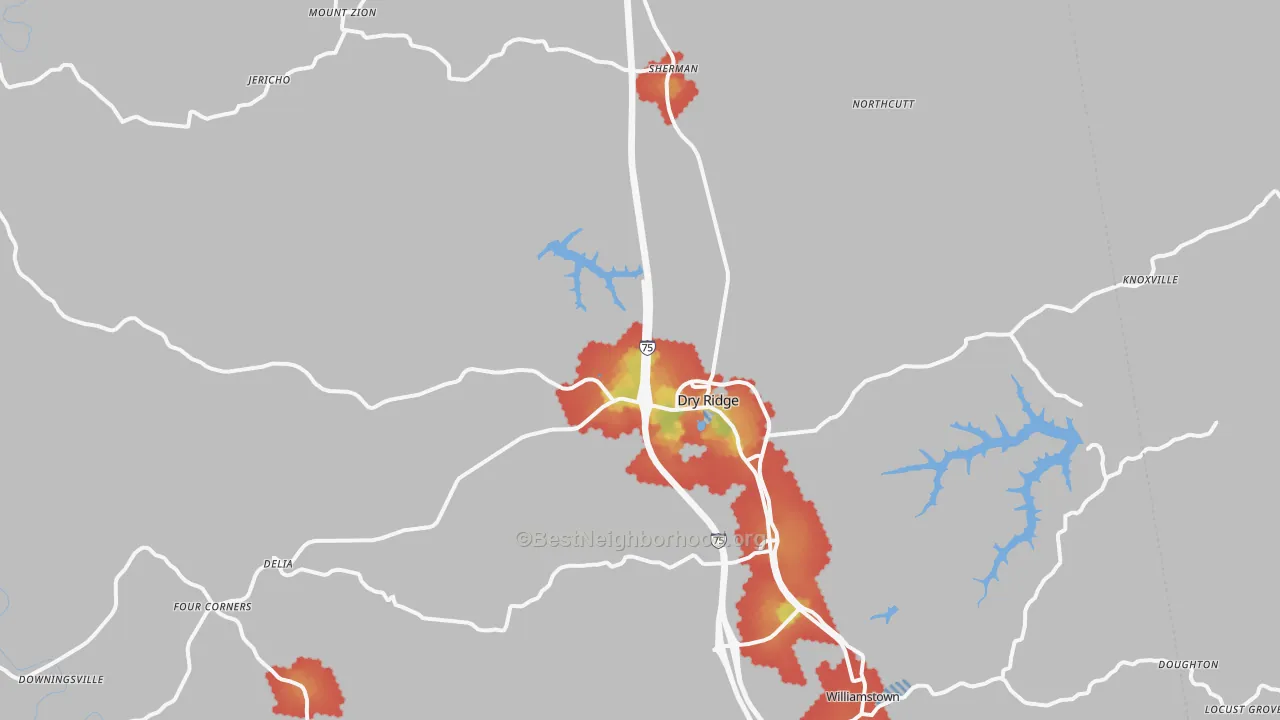 Walk Grade map of Grant County, KY, walkable areas in green and car-dependent areas in red
