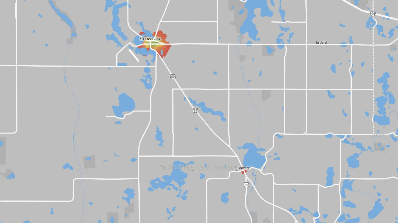 Walk Grade map of Grant County, MN, walkable areas in green and car-dependent areas in red