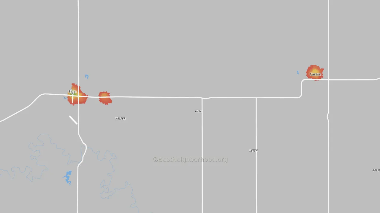 Walk Grade map of Grant County, ND, walkable areas in green and car-dependent areas in red