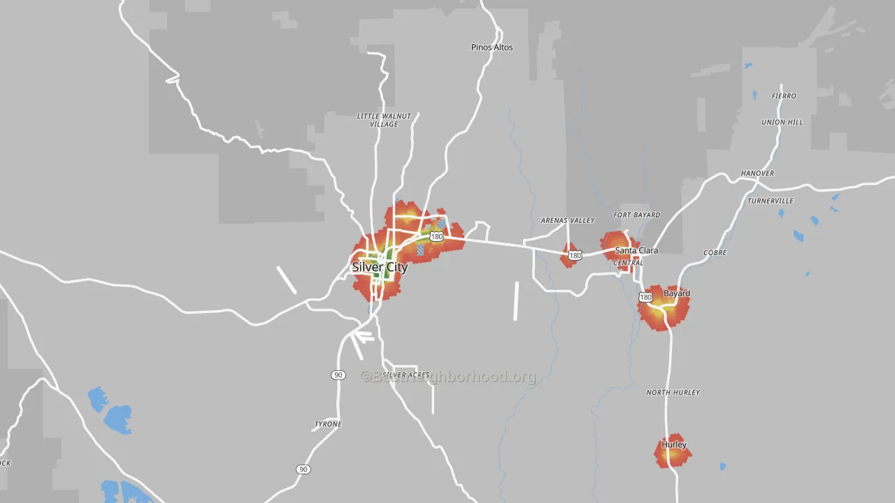 Walk Grade map of Grant County, NM, walkable areas in green and car-dependent areas in red