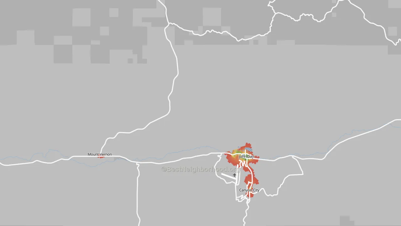 Walk Grade map of Grant County, OR, walkable areas in green and car-dependent areas in red