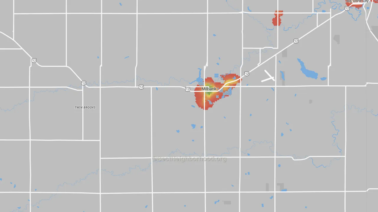 Walk Grade map of Grant County, SD, walkable areas in green and car-dependent areas in red