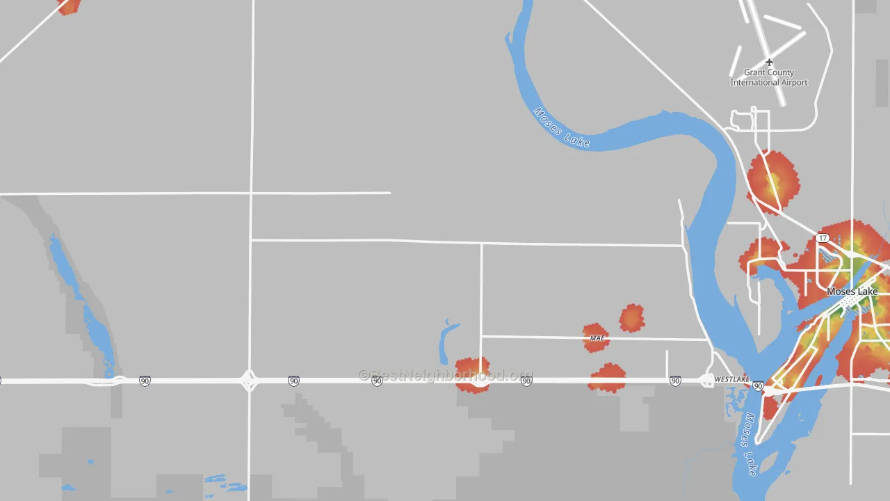 Walk Grade map of Grant County, WA, walkable areas in green and car-dependent areas in red