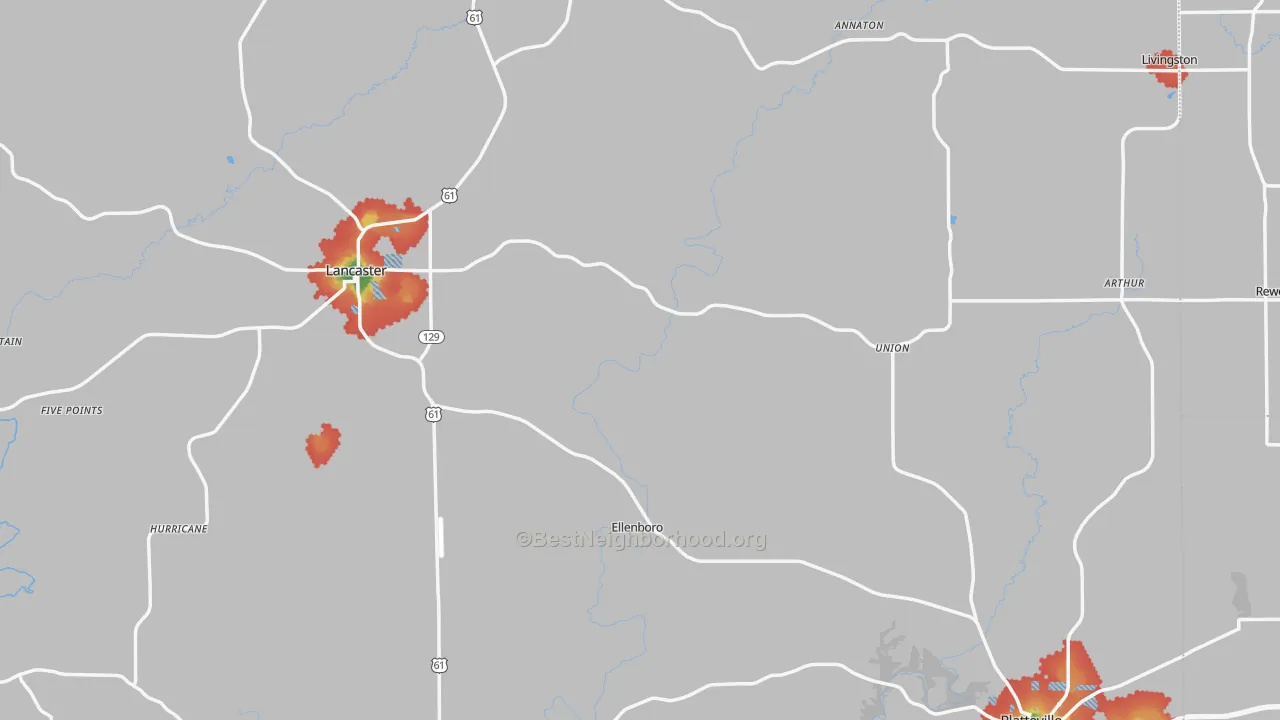 Walk Grade map of Grant County, WI, walkable areas in green and car-dependent areas in red