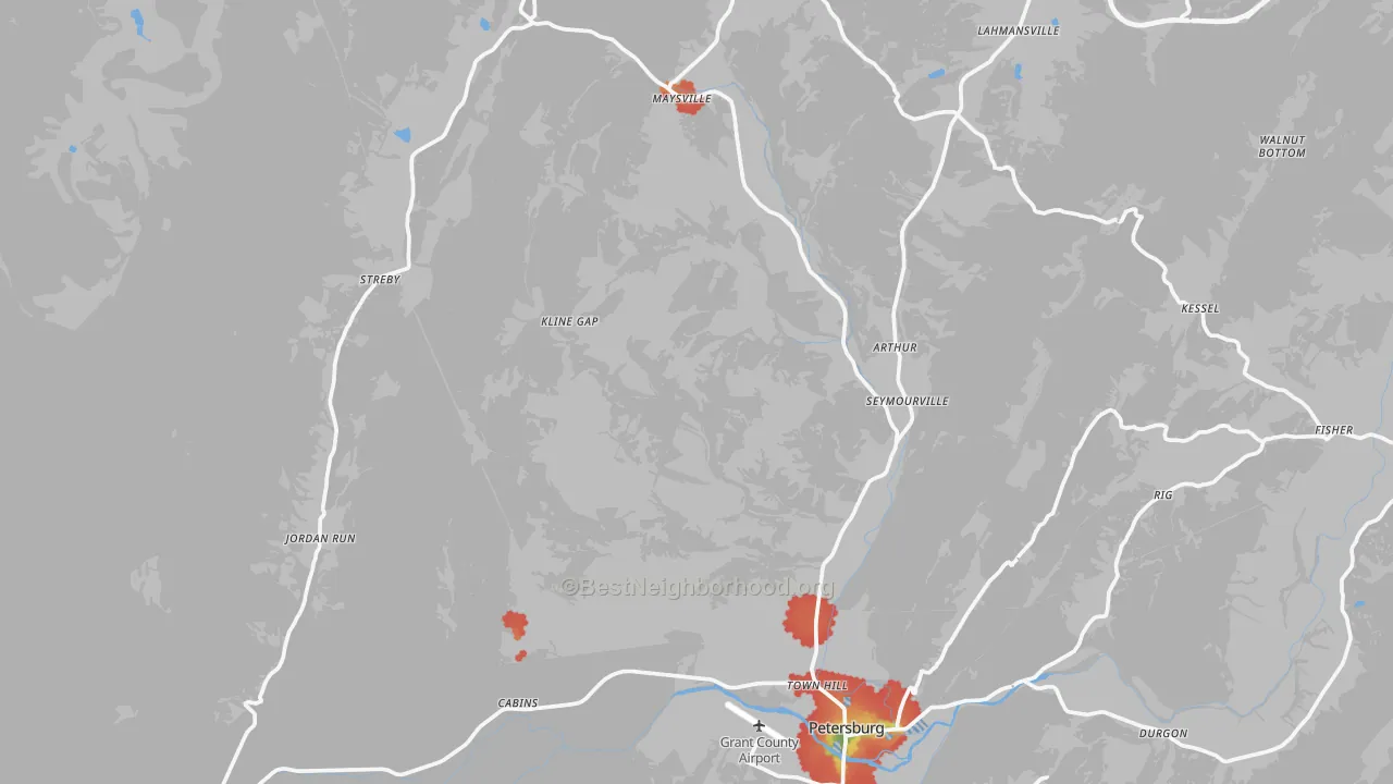 Walk Grade map of Grant County, WV, walkable areas in green and car-dependent areas in red