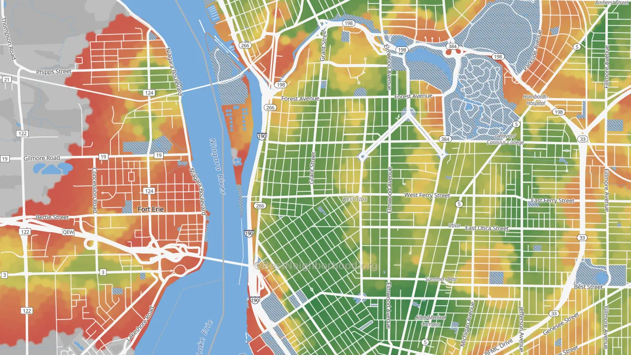 Walk Grade map of Grant Ferry, Buffalo, NY, walkable areas in green and car-dependent areas in red