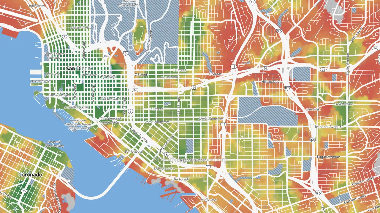 Walk Grade map of Grant Hill, San Diego, CA, walkable areas in green and car-dependent areas in red