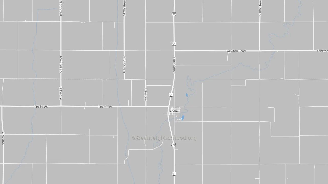 Walk Grade map of Grant, IA, walkable areas in green and car-dependent areas in red
