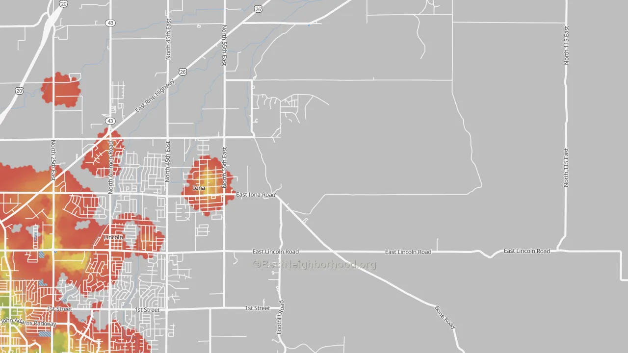 Walk Grade map of Grant, ID, walkable areas in green and car-dependent areas in red