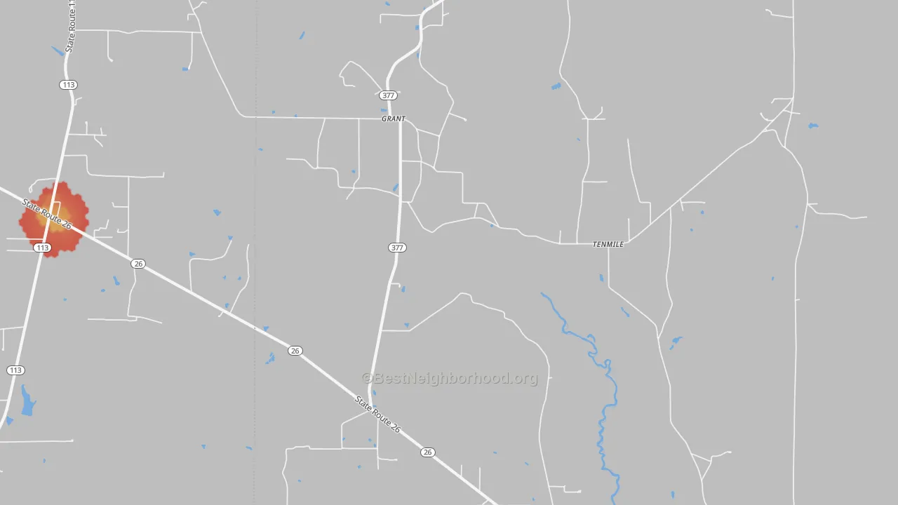 Walk Grade map of Grant, LA, walkable areas in green and car-dependent areas in red