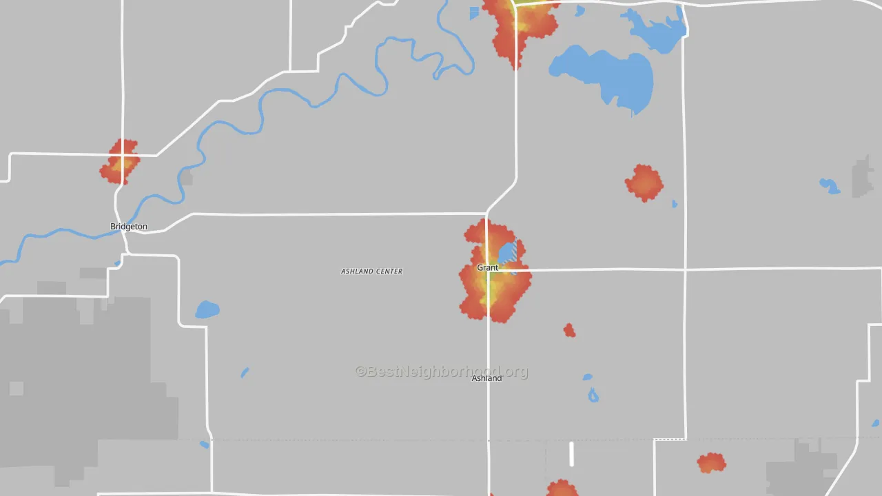 Walk Grade map of Grant, MI, walkable areas in green and car-dependent areas in red