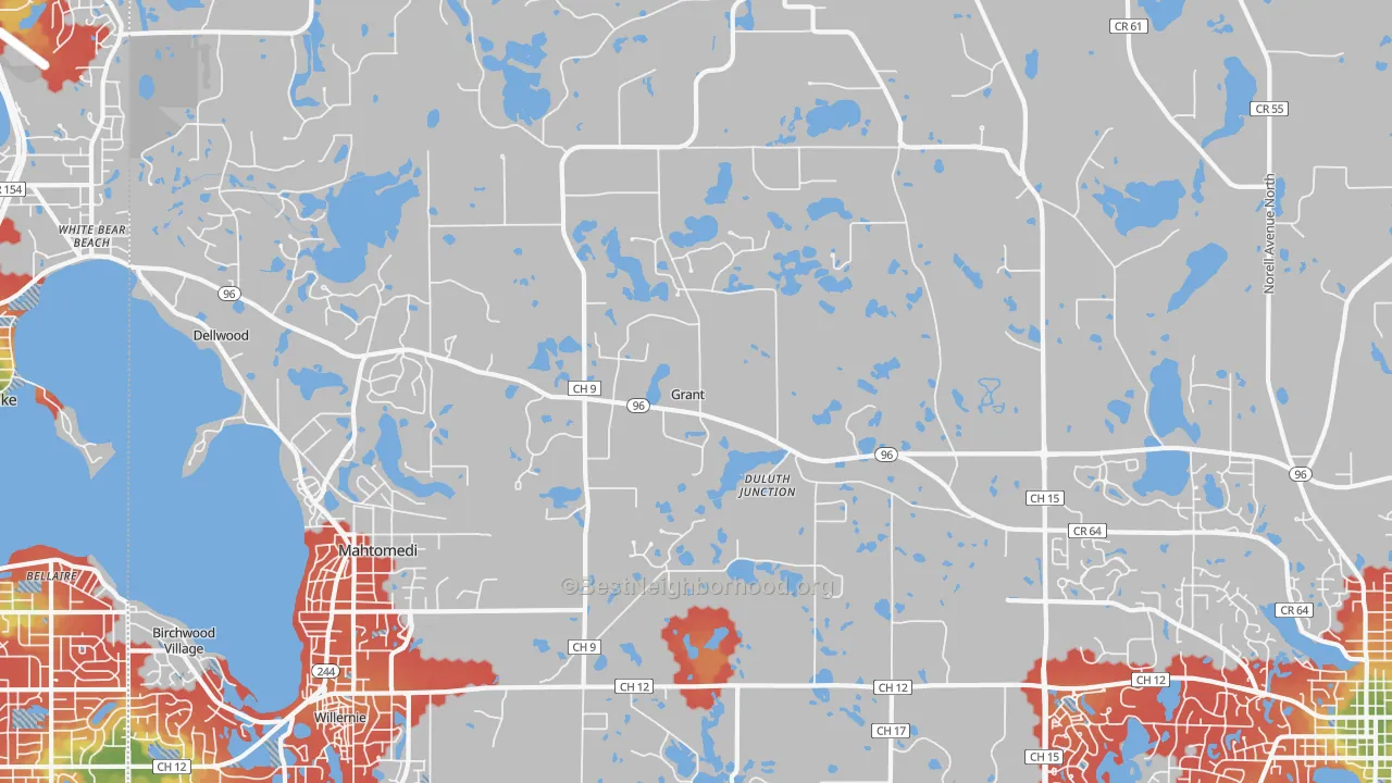 Walk Grade map of Grant, MN, walkable areas in green and car-dependent areas in red