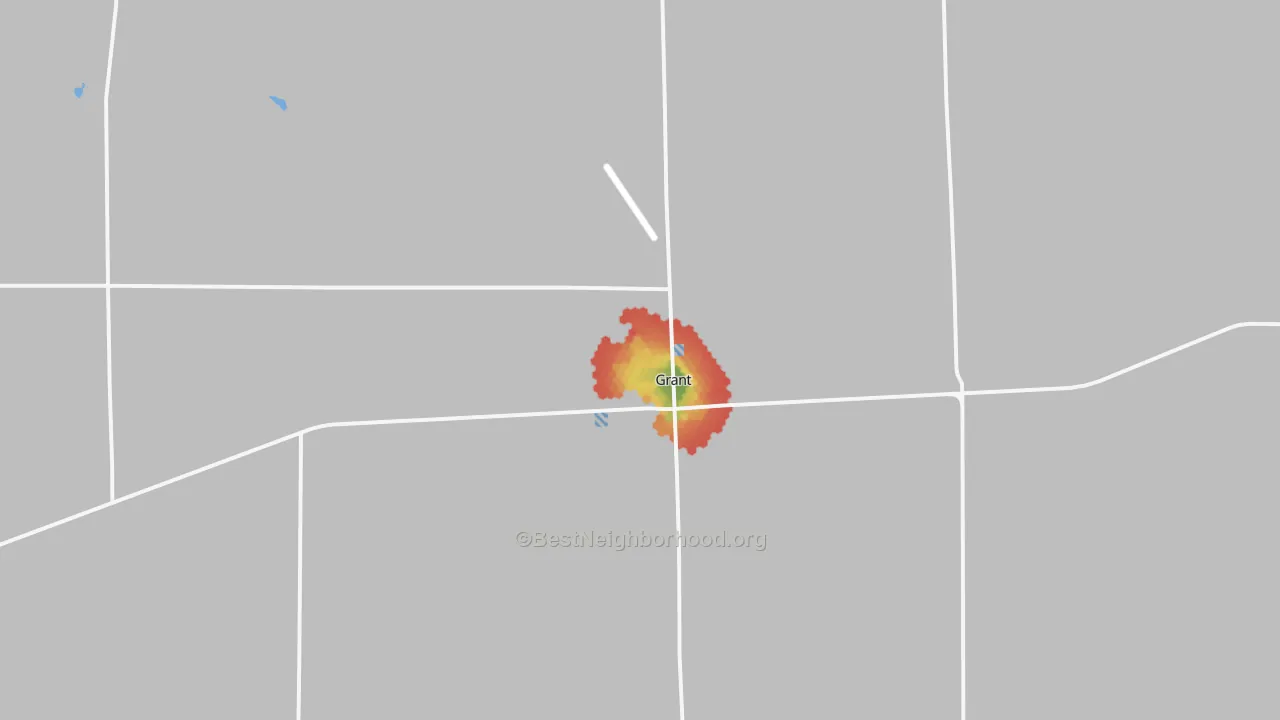 Walk Grade map of Grant, NE, walkable areas in green and car-dependent areas in red