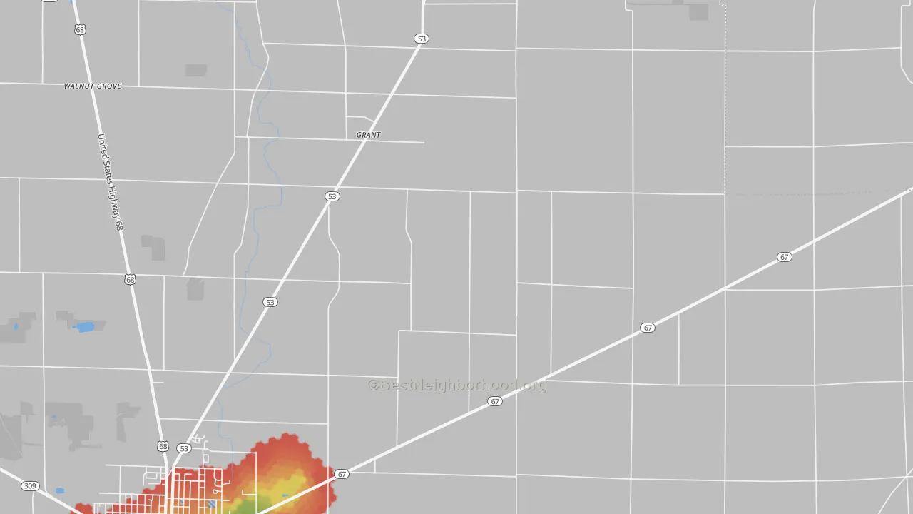 Walk Grade map of Grant, OH, walkable areas in green and car-dependent areas in red