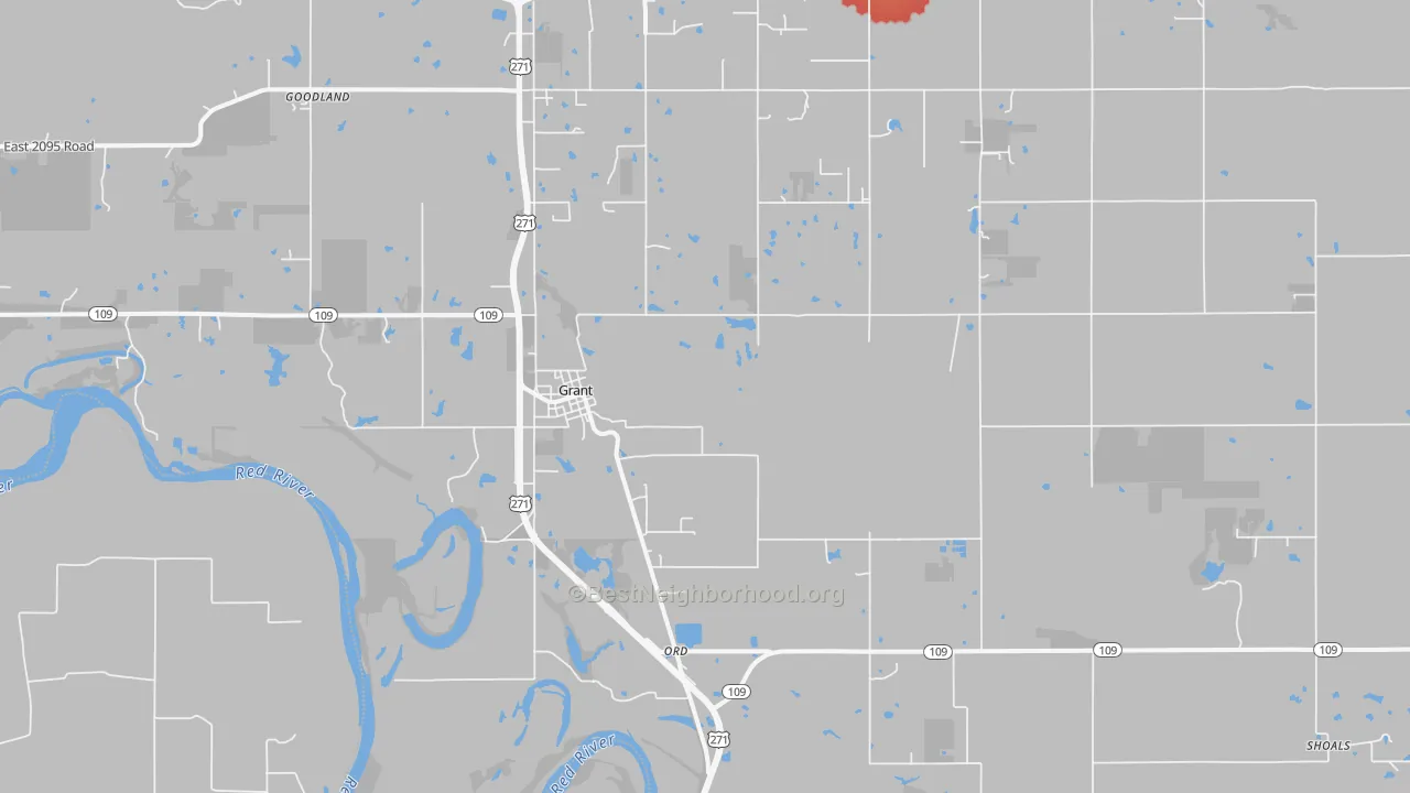 Walk Grade map of Grant, OK, walkable areas in green and car-dependent areas in red