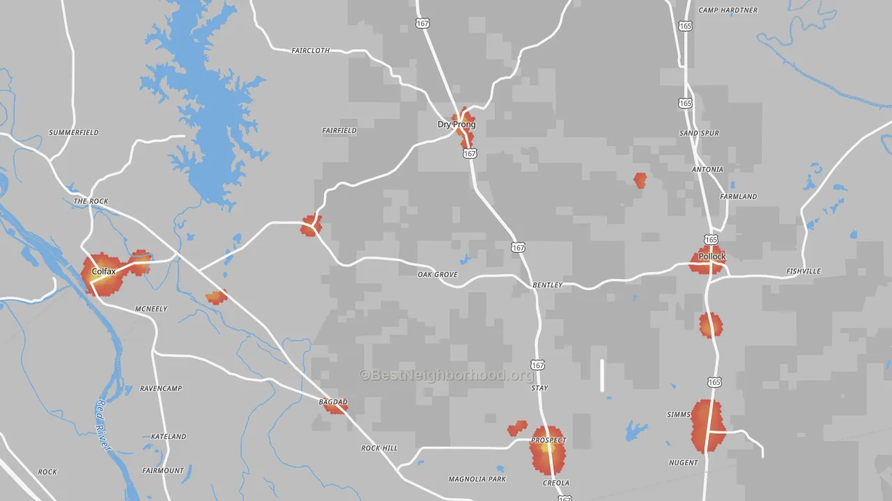Walk Grade map of Grant Parish, LA, walkable areas in green and car-dependent areas in red
