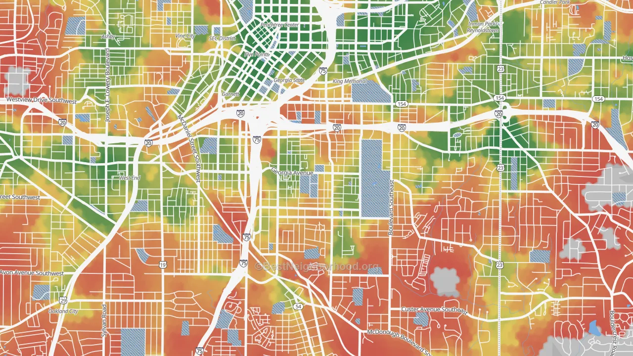 Walk Grade map of Grant Park, Atlanta, GA, walkable areas in green and car-dependent areas in red