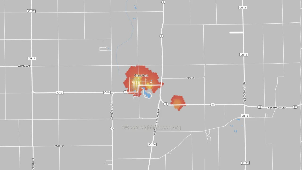 Walk Grade map of Grant Park, IL, walkable areas in green and car-dependent areas in red