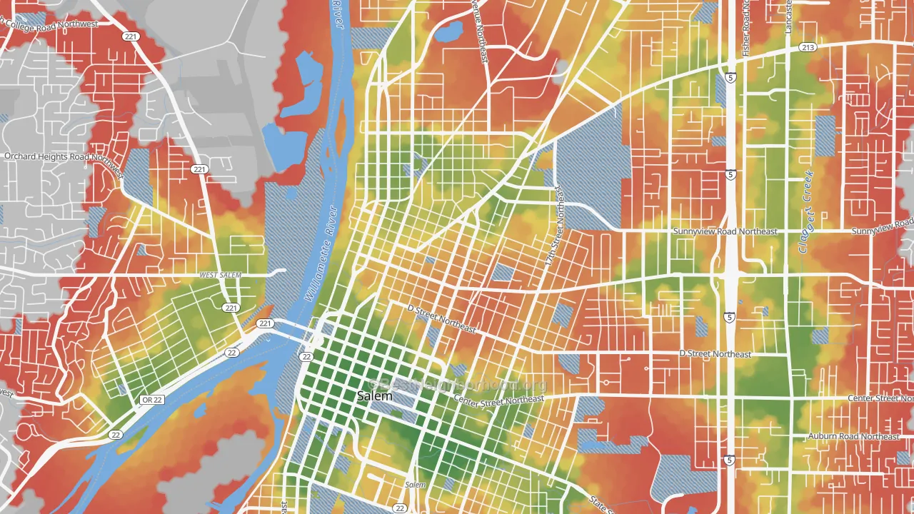 Walk Grade map of Grant, Salem, OR, walkable areas in green and car-dependent areas in red