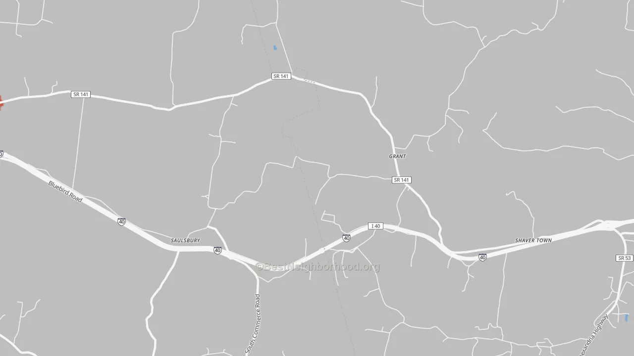 Walk Grade map of Grant, TN, walkable areas in green and car-dependent areas in red