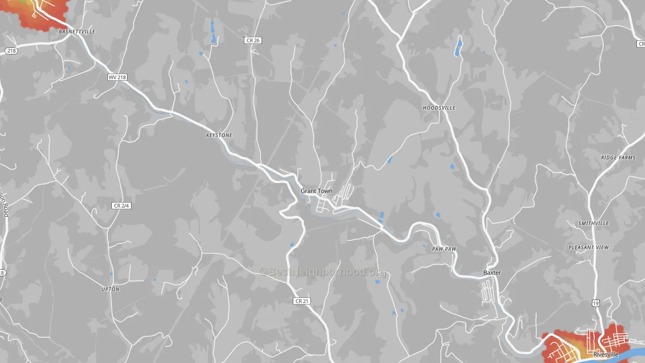 Walk Grade map of Grant Town, WV, walkable areas in green and car-dependent areas in red