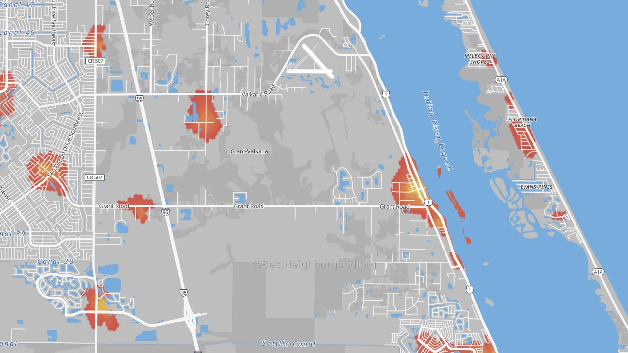 Walk Grade map of Grant-Valkaria, FL, walkable areas in green and car-dependent areas in red