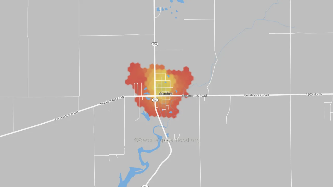Walk Grade map of Grantfork, IL, walkable areas in green and car-dependent areas in red