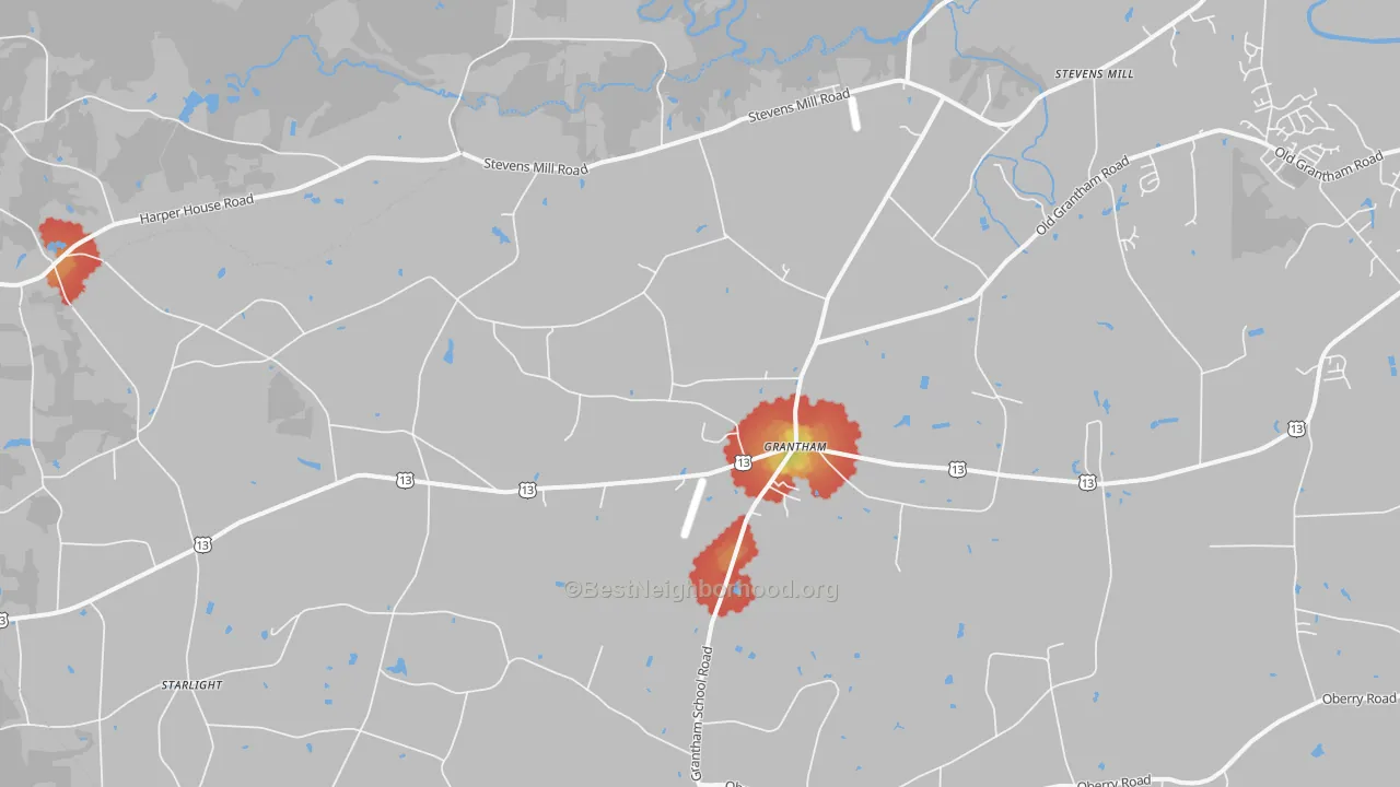 Walk Grade map of Grantham, NC, walkable areas in green and car-dependent areas in red