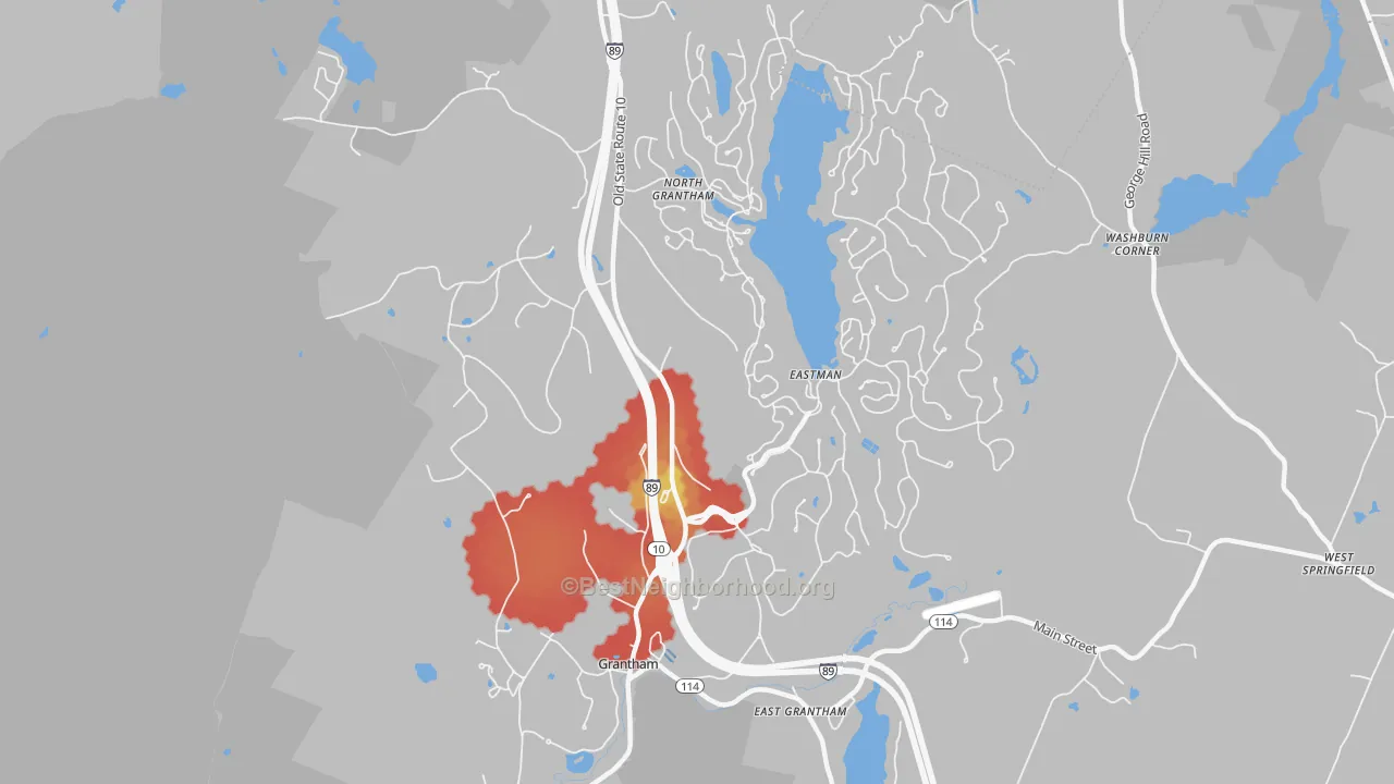 Walk Grade map of Grantham, NH, walkable areas in green and car-dependent areas in red
