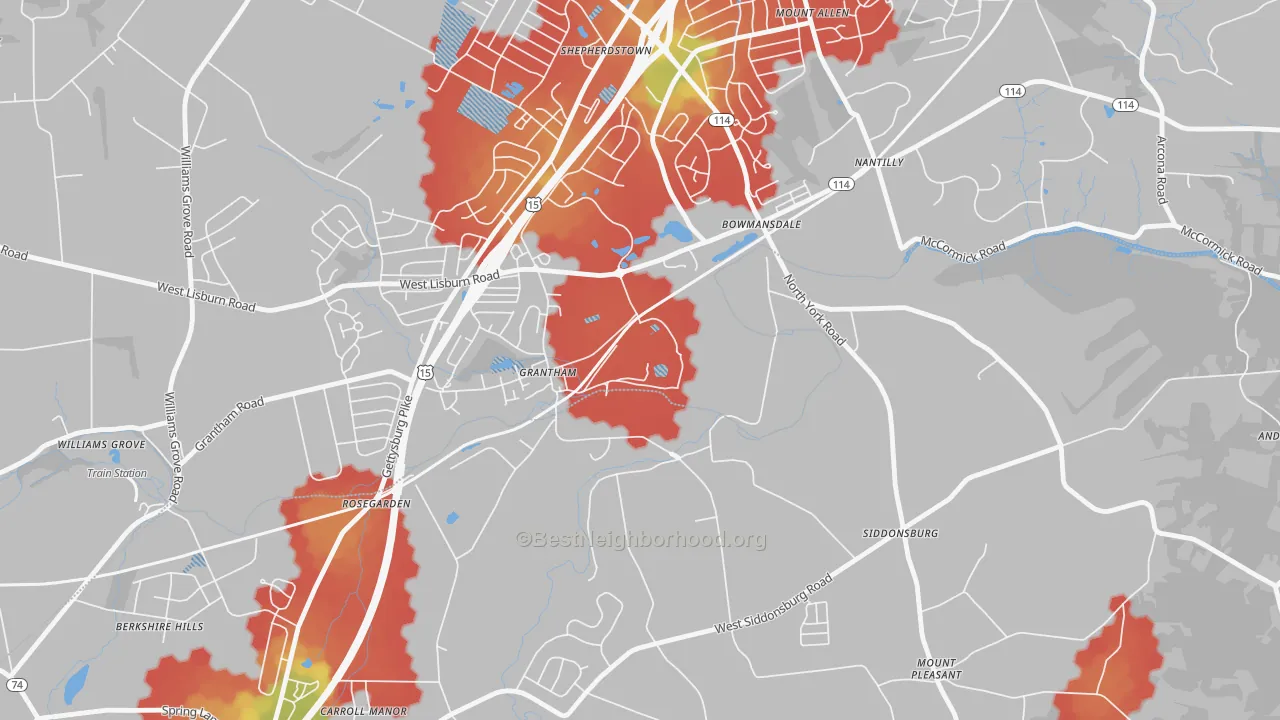 Walk Grade map of Grantham, PA, walkable areas in green and car-dependent areas in red