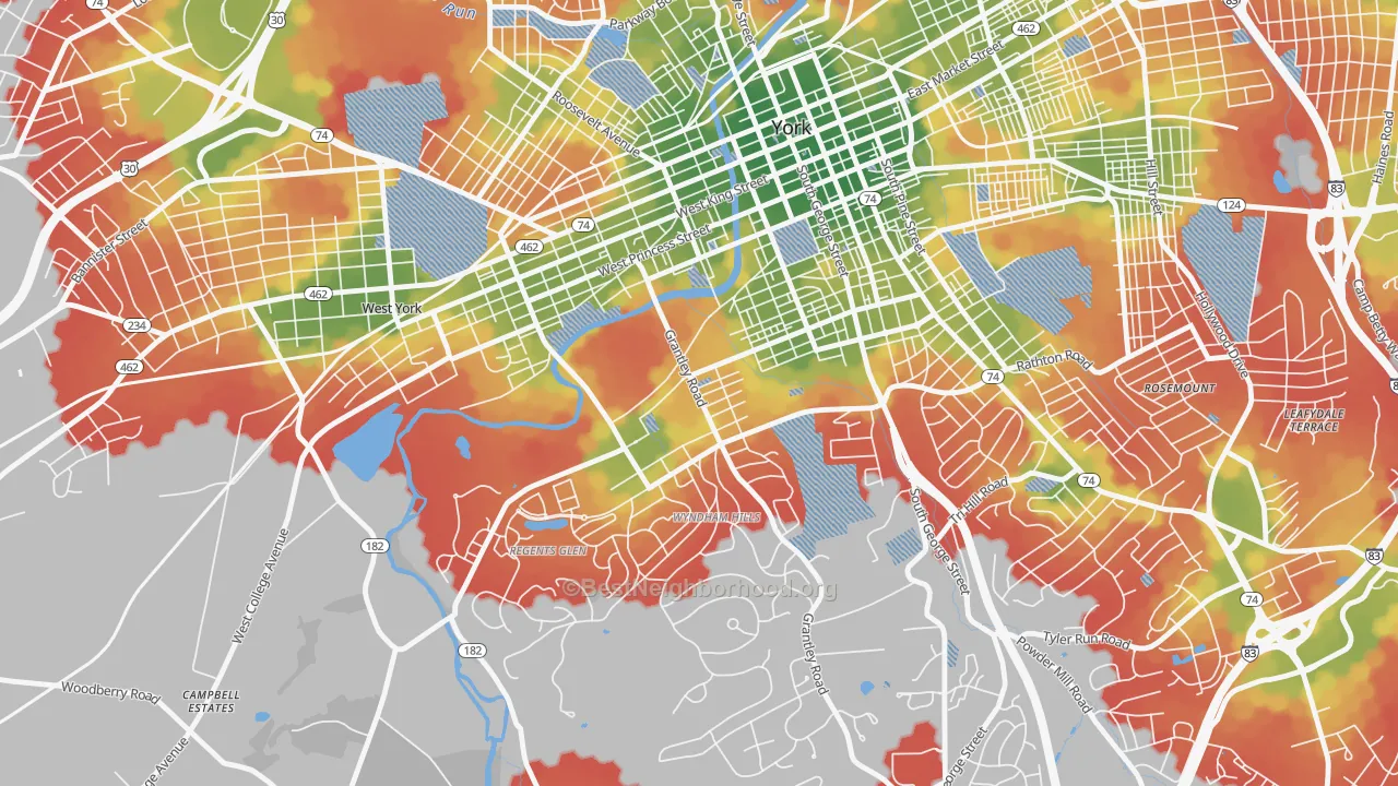Walk Grade map of Grantley, York, PA, walkable areas in green and car-dependent areas in red