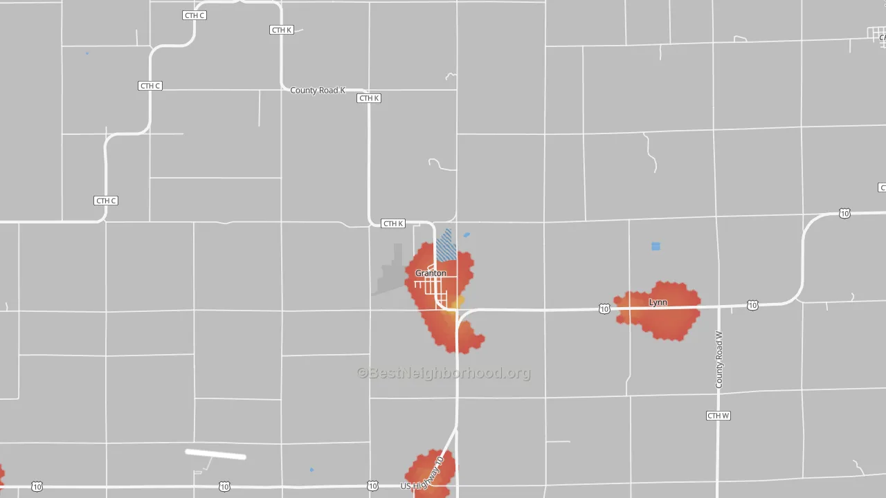 Walk Grade map of Granton, WI, walkable areas in green and car-dependent areas in red