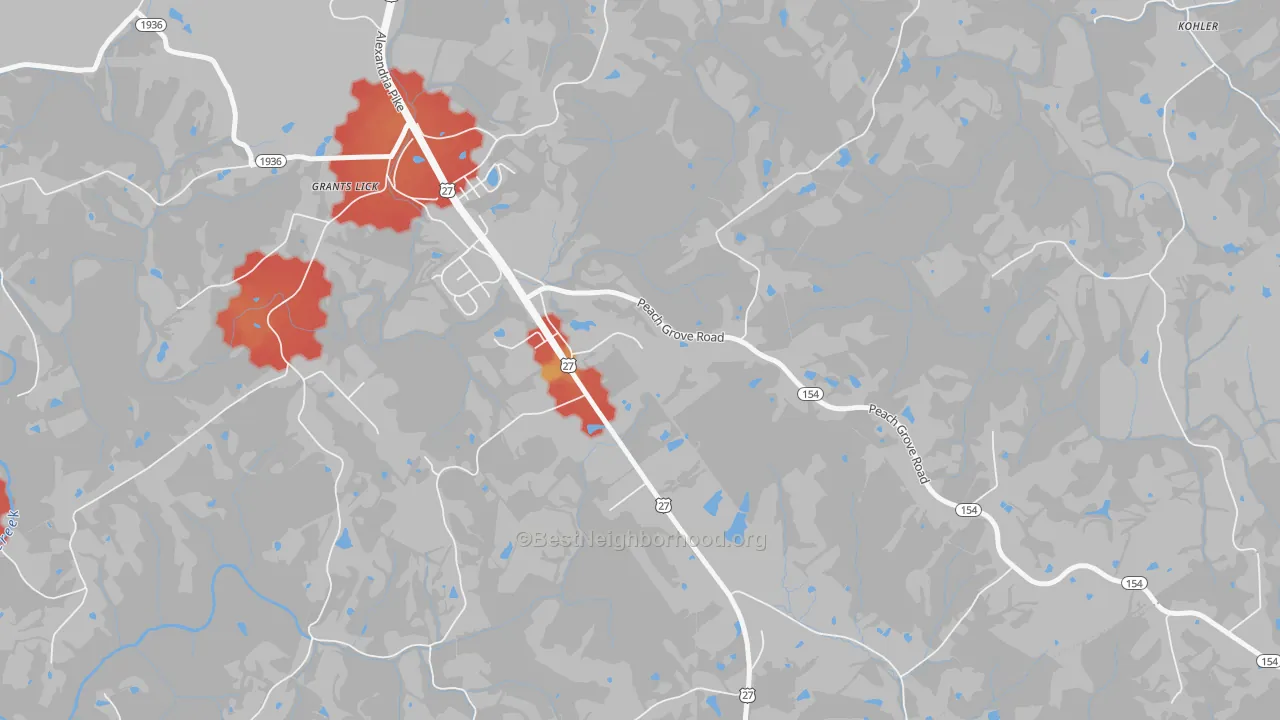 Walk Grade map of Grants Lick, KY, walkable areas in green and car-dependent areas in red