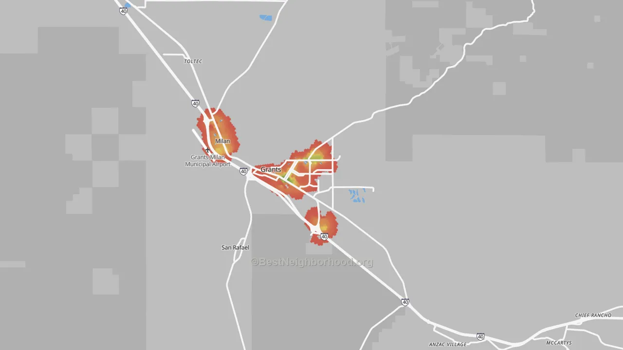 Walk Grade map of Grants, NM, walkable areas in green and car-dependent areas in red