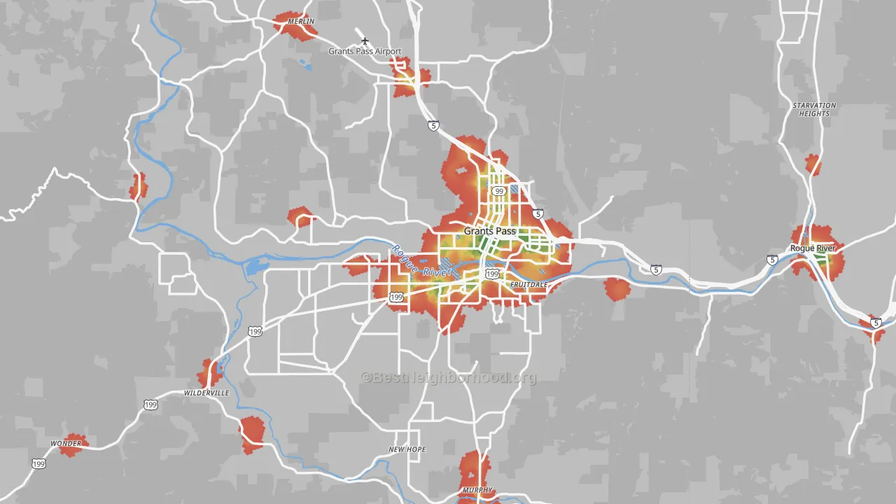 Walk Grade map of Grants Pass, OR, walkable areas in green and car-dependent areas in red