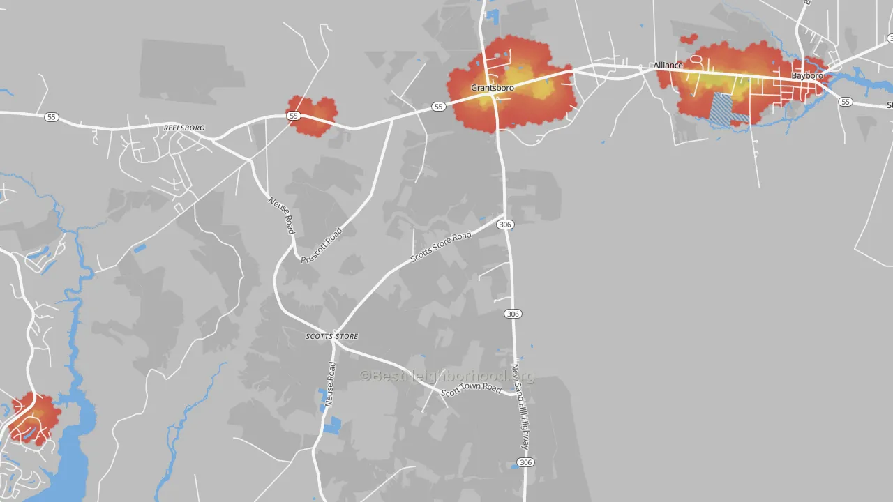 Walk Grade map of Grantsboro, NC, walkable areas in green and car-dependent areas in red