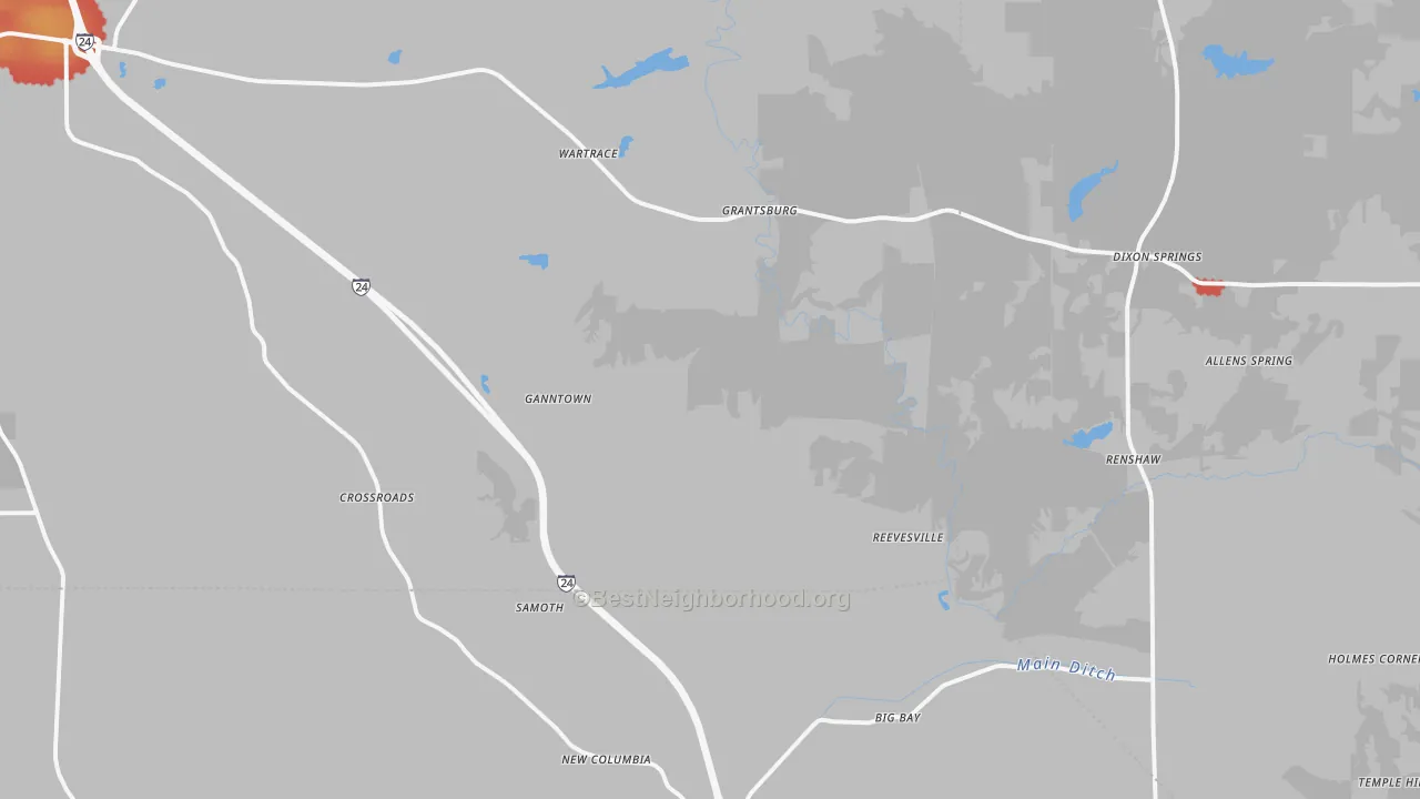 Walk Grade map of Grantsburg, IL, walkable areas in green and car-dependent areas in red