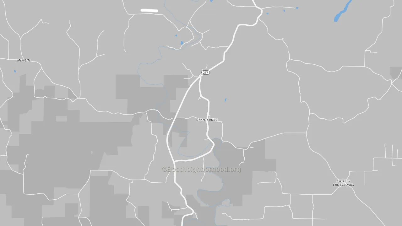Walk Grade map of Grantsburg, IN, walkable areas in green and car-dependent areas in red