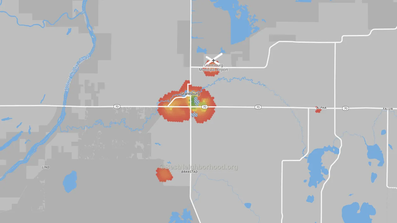 Walk Grade map of Grantsburg, WI, walkable areas in green and car-dependent areas in red