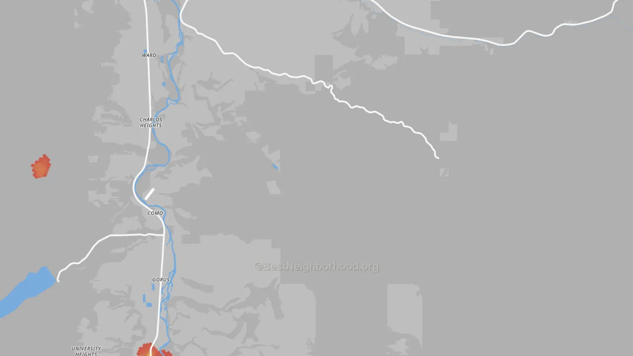 Walk Grade map of Grantsdale, MT, walkable areas in green and car-dependent areas in red