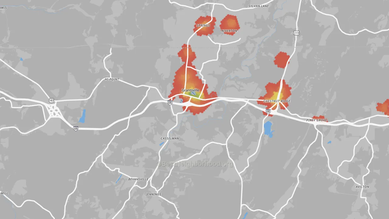 Walk Grade map of Grantsville, MD, walkable areas in green and car-dependent areas in red