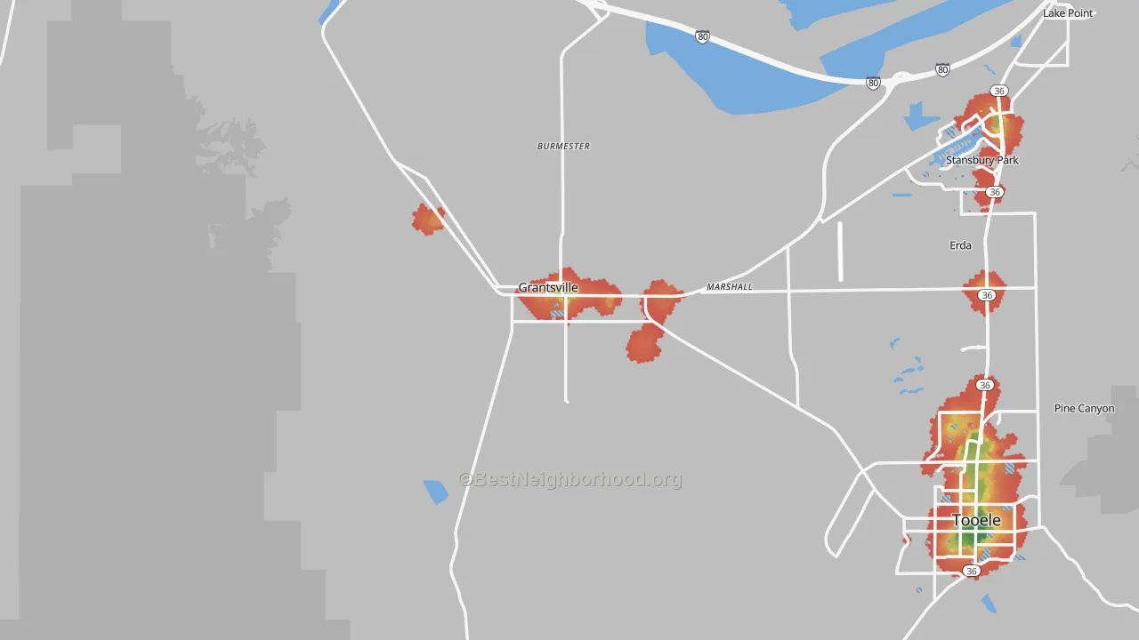 Walk Grade map of Grantsville, UT, walkable areas in green and car-dependent areas in red