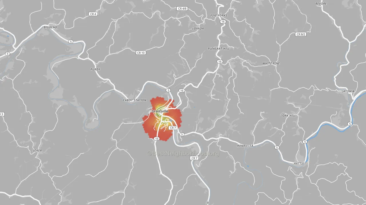 Walk Grade map of Grantsville, WV, walkable areas in green and car-dependent areas in red