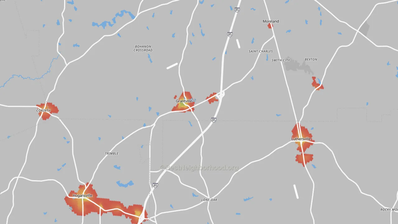 Walk Grade map of Grantville, GA, walkable areas in green and car-dependent areas in red