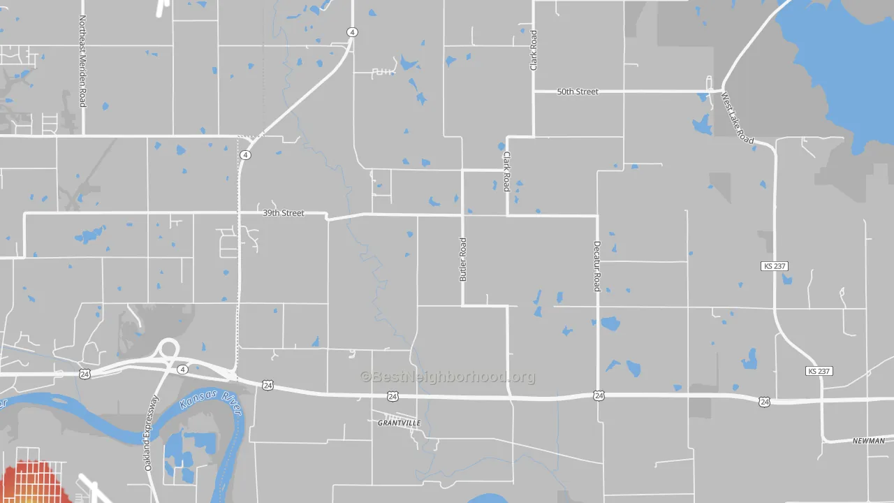 Walk Grade map of Grantville, KS, walkable areas in green and car-dependent areas in red