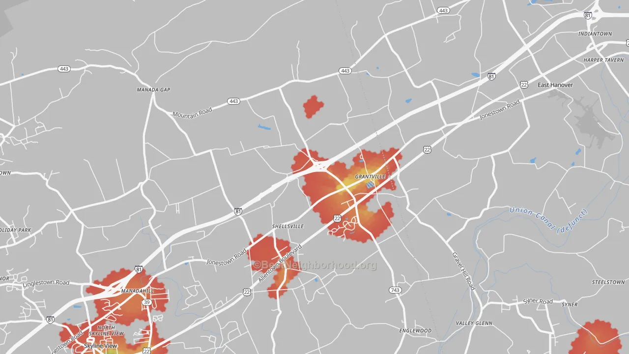 Walk Grade map of Grantville, PA, walkable areas in green and car-dependent areas in red