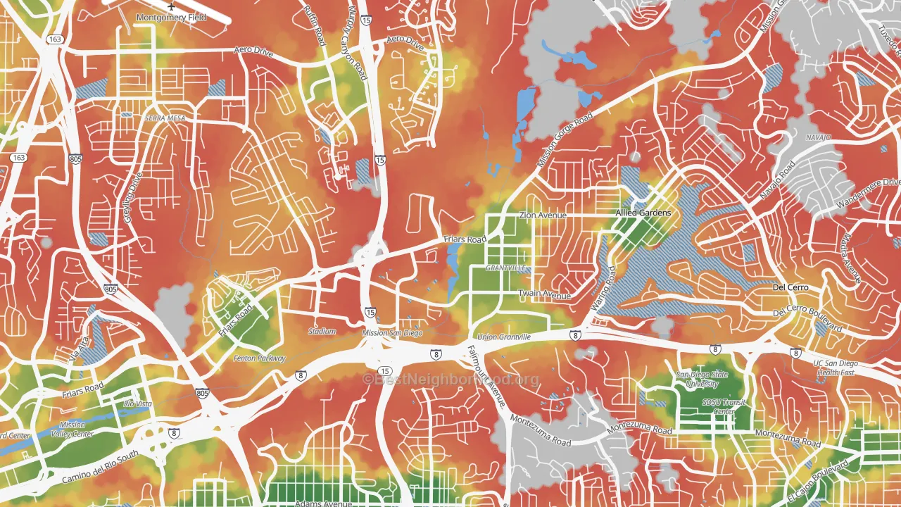 Walk Grade map of Grantville, San Diego, CA, walkable areas in green and car-dependent areas in red
